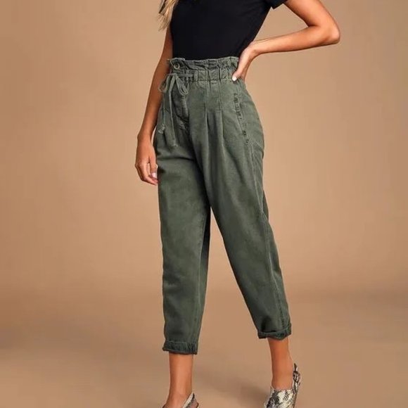 Free People Pants - Free People Margate Olive Green Paperbag Waist Pleated Hi-Rise Pants Sz M